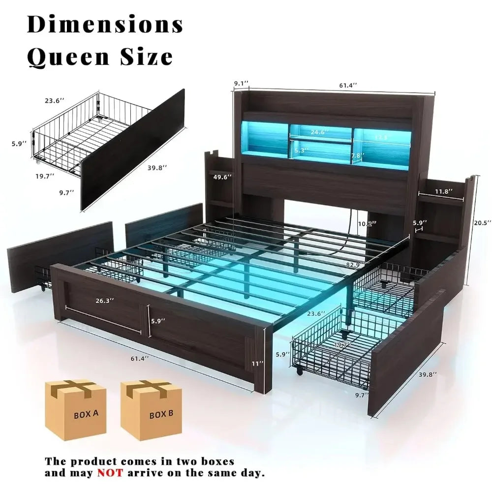 Queen Bed Frame with 49.6" Bookcase Headboard & 2 Bedside Stoage Racks & 4 Drawers, Farmhouse Wood Bed Frame