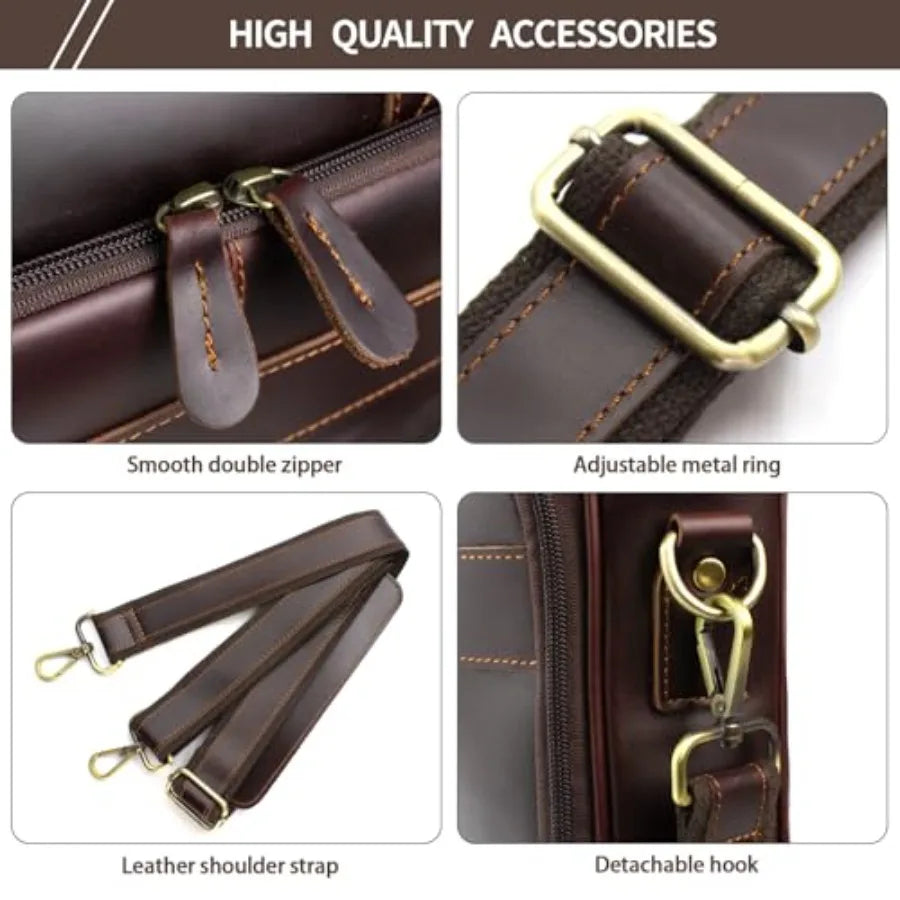 Full Grain Leather Briefcase for Men Business Messenger Bag Laptop Case Fits 15.6 Inch Laptop Brown Premium Quality with Multip