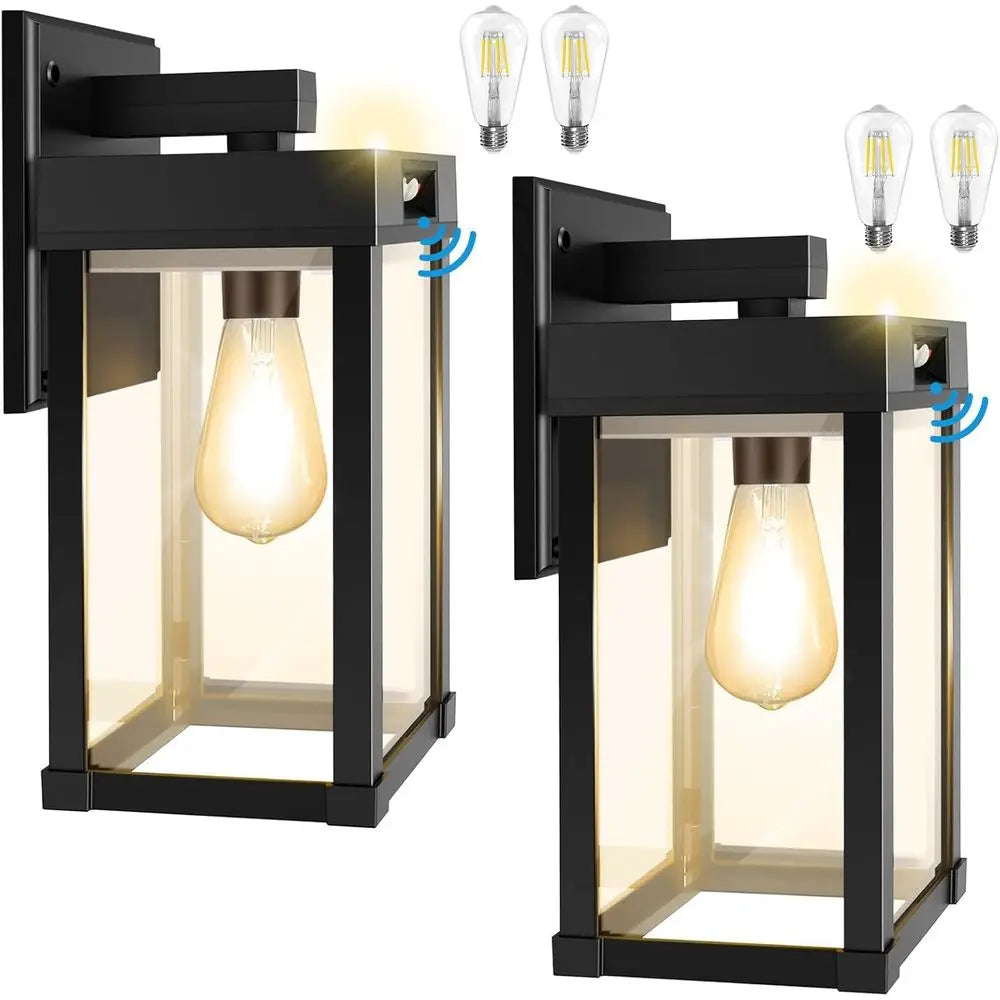 Outdoor Wall Lights with 3 Lighting Modes & Motion Sensor, Porch Light with 2 Bulbs, Waterproof Outdoor Wall Sconce Lantern Fixt