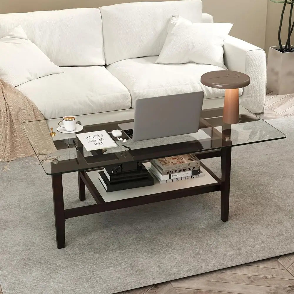42 Two-Tier Rectangular Coffee Table with Storage Shelf and Solid Rubberwood Legs for Living Room or Home Office (Brown)
