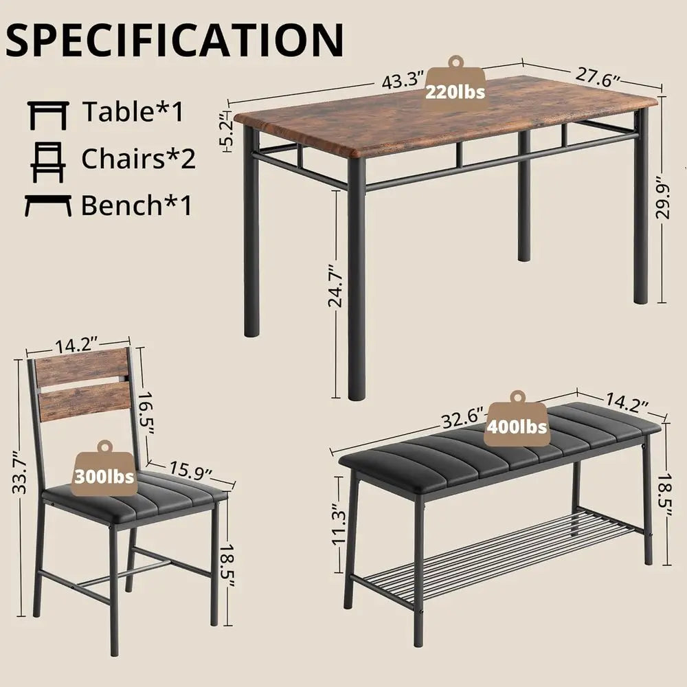 Dining Table Set or 4, Kitchen Table with Upholstered Bench and 2 Chairs, Kitchen Table and Chairs Set or Small Space, Aparent,
