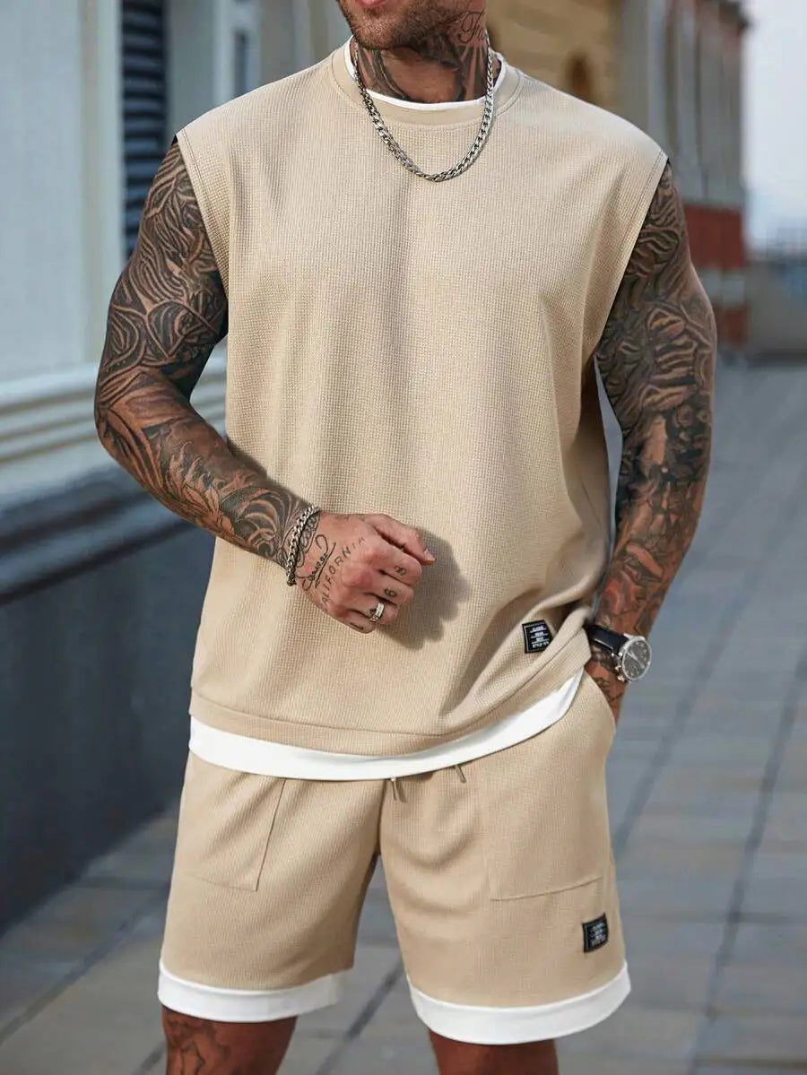 Beige Waffle Knit Sleeveless Tank Top and Shorts Set for Men, Casual Summer Two-Piece Outfit