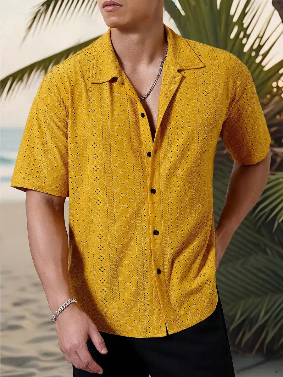 Men's Yellow Eyelet Lacework Short Sleeve Button-Down Casual Shirt