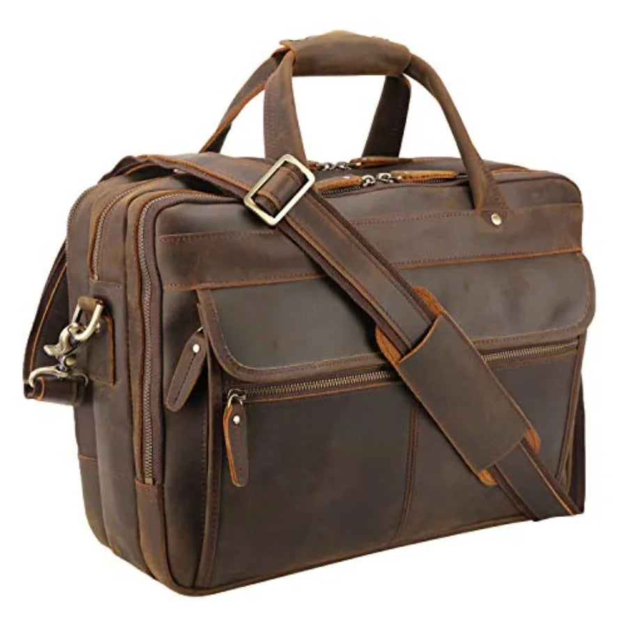 Modern Attache Style 15.7 Full Grain Italian Leather Laptop Briefcase for Men in Brown with Premium Craftsmanship and Spacious