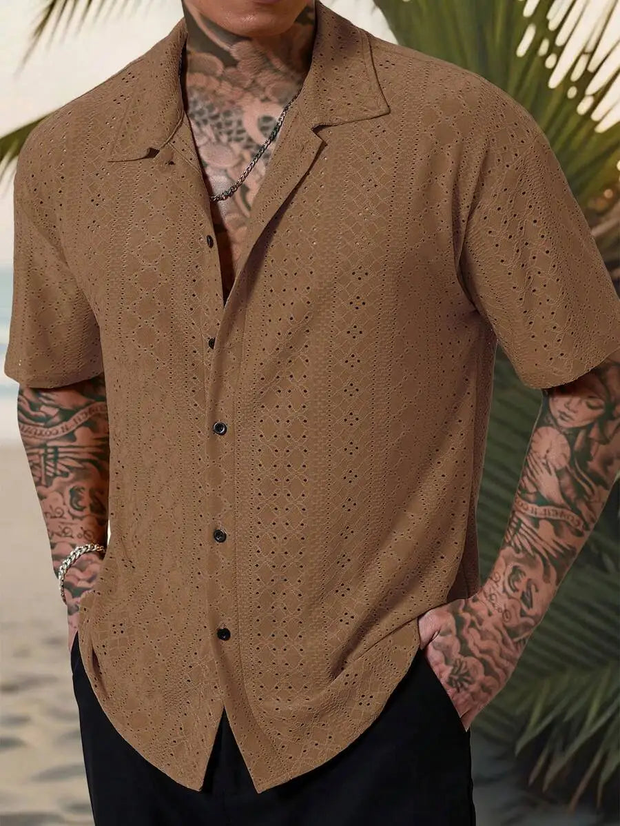 Men's Yellow Eyelet Lacework Short Sleeve Button-Down Casual Shirt