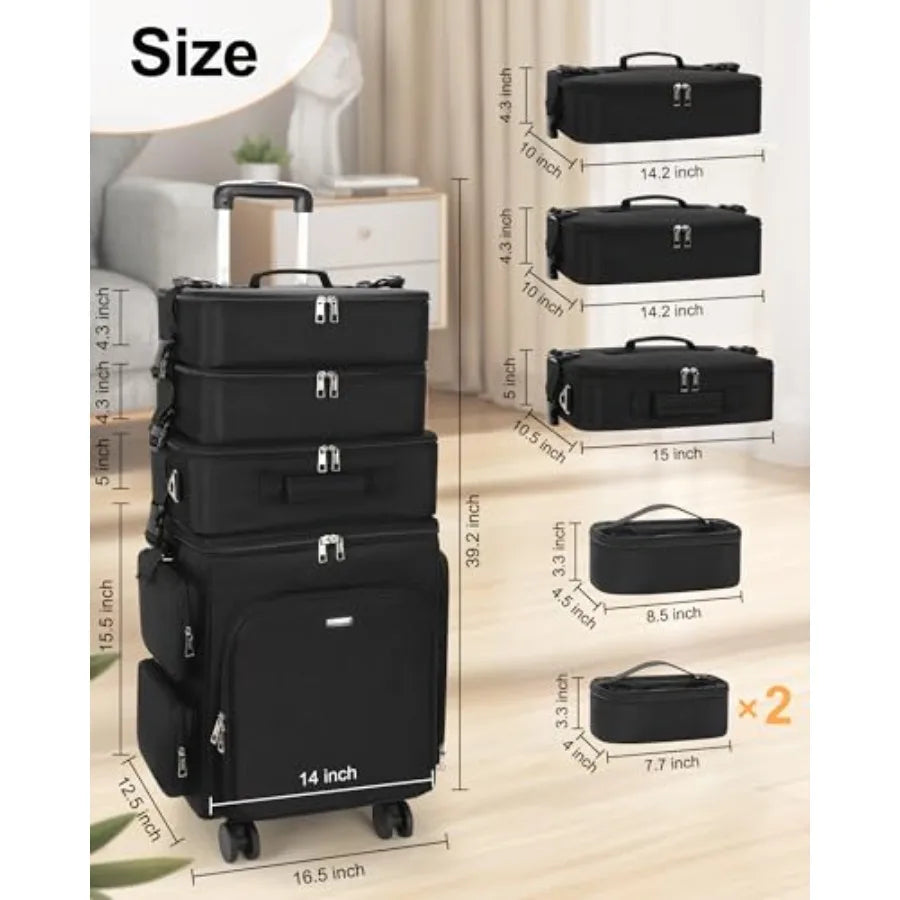 Relavel Rolling Makeup Case 4 in 1 Hairstylist Traveling Bag Cosmetology Case on Wheels Large Hair Tools Cosmetics Train Case M