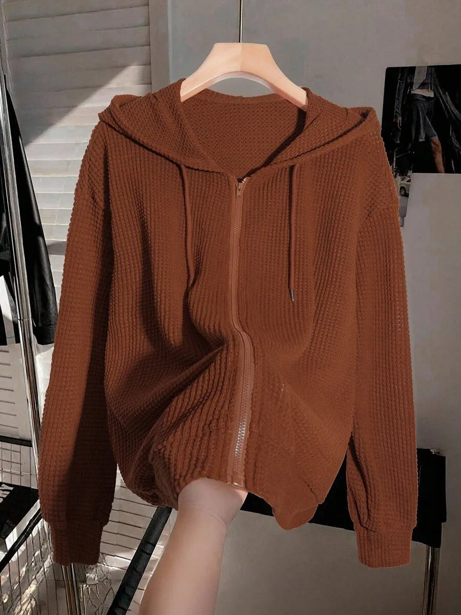 Gray Ribbed Drop Shoulder Zip-Up Hoodie with Drawstring for Spring Fall Casual Wear