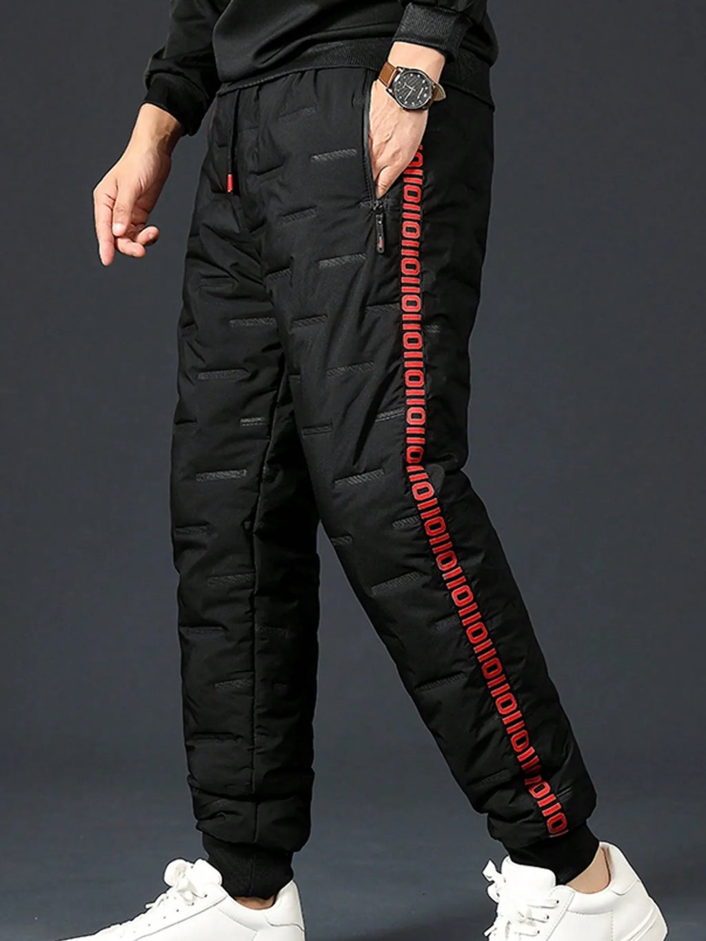 Men's Black Thermal Lined Drawstring Pants with Red Graphic Print
