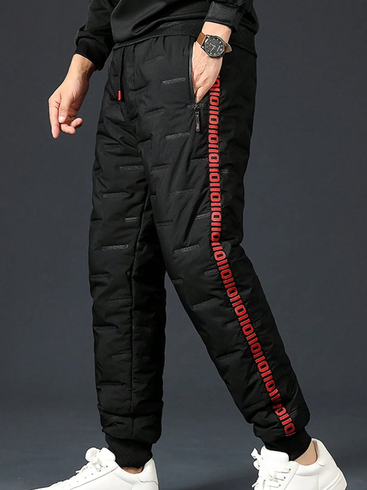 Men's Black Thermal Lined Drawstring Pants with Red Graphic Print