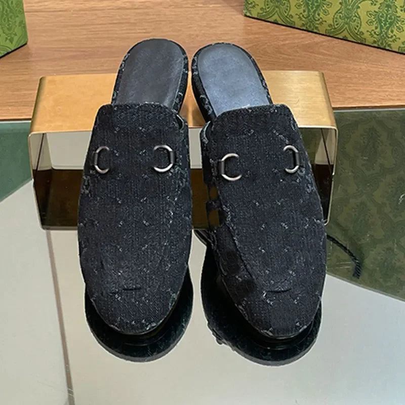 Denim Loafers Women Shoes Designer Sandals Room Mule Baotou Half Slippers Slips Sandal Luxury Silver Hardware Summer Slides Slip