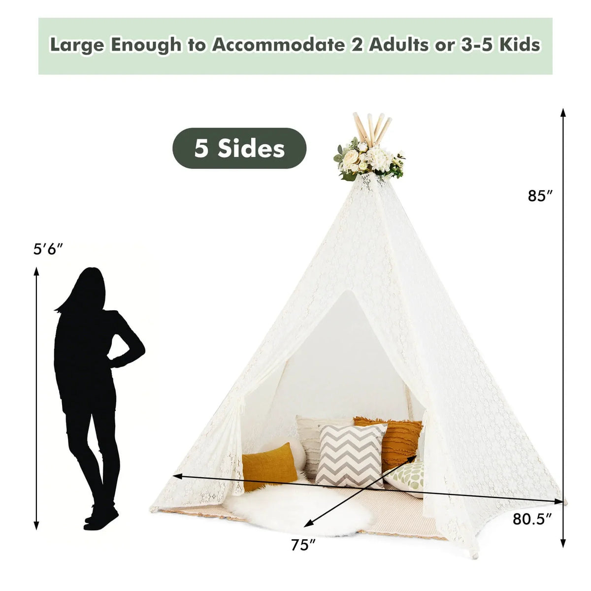 85" Height 5 Sides Huge Lace Teepee Tent for Kids Adult Wedding w/ Light Strings