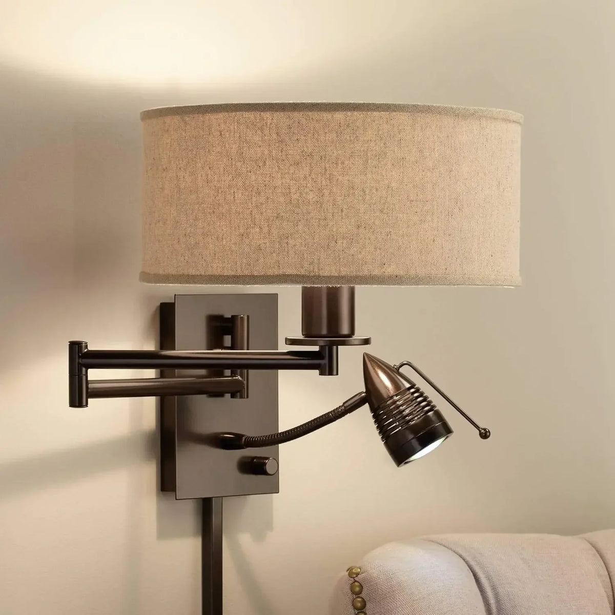 Radix Modern Swing Arm Adjustable Wall Lamp with Cord LED Bronze Plug-in Light Fixture Oatmeal Fabric Drum Shade Bedroom Bedside