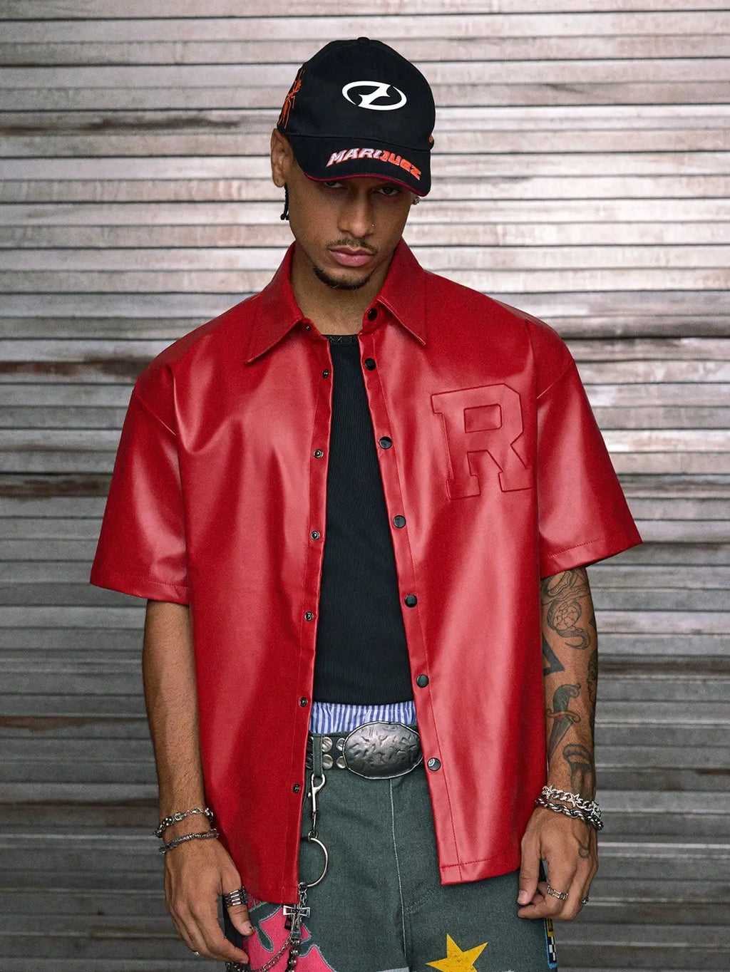 Men's Red PU Leather Short Sleeve Button-Up Shirt with Embossed Letter Design