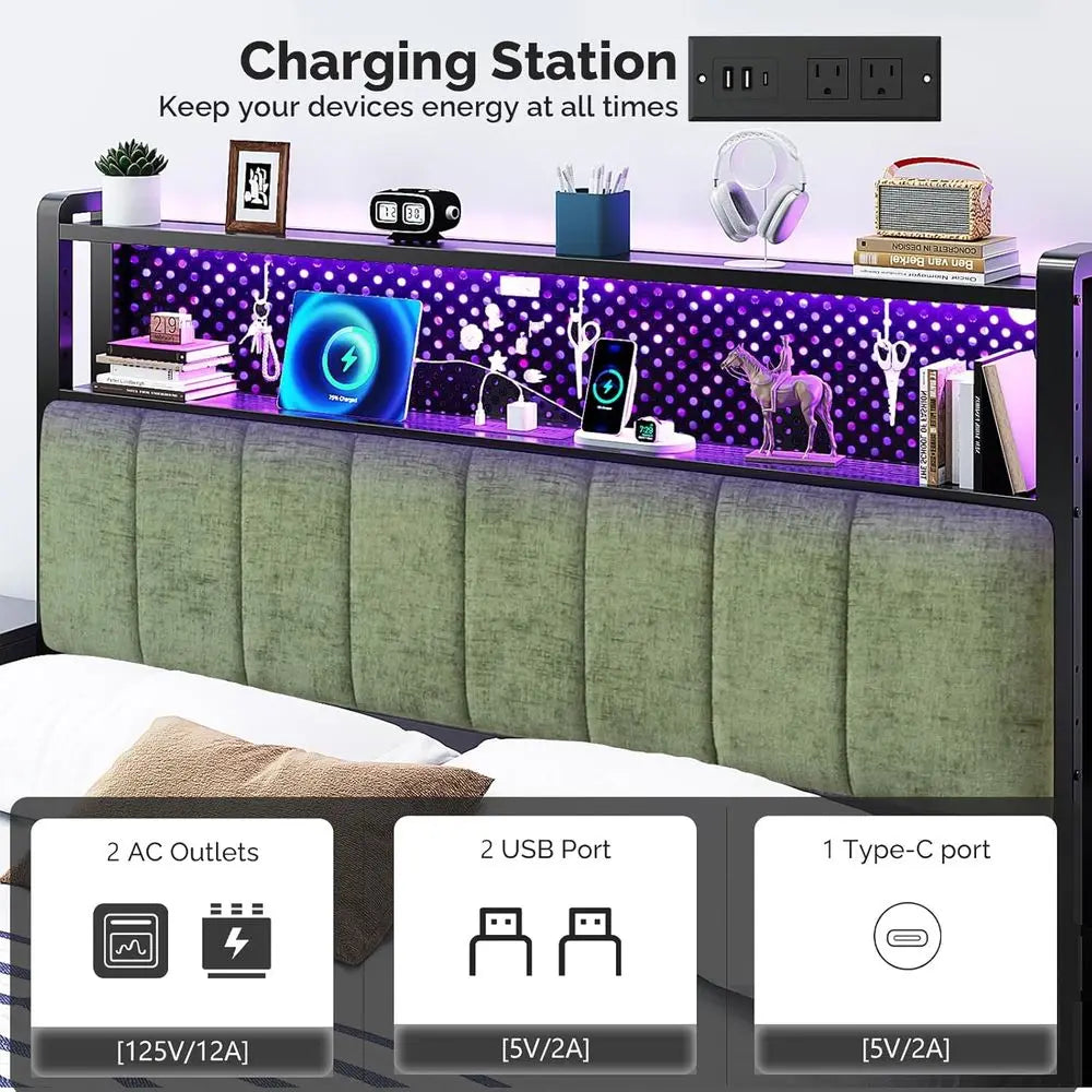 Green Full-Size Bed with Storage, Upholstered Headboard, Charging Stations, LED Lights, 2-Tier Shelves, and Pegboard, Height Adj