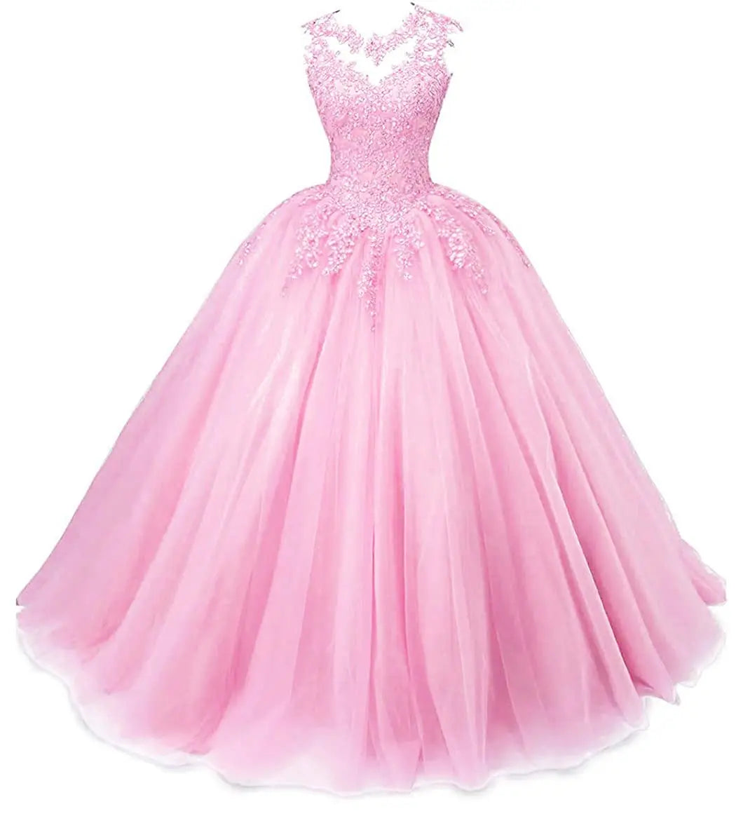 Women's Beaded Appliques Prom Dress Long Ball Gown Quinceanera Dresses Tulle Formal Sweet 16 Dress for Teens