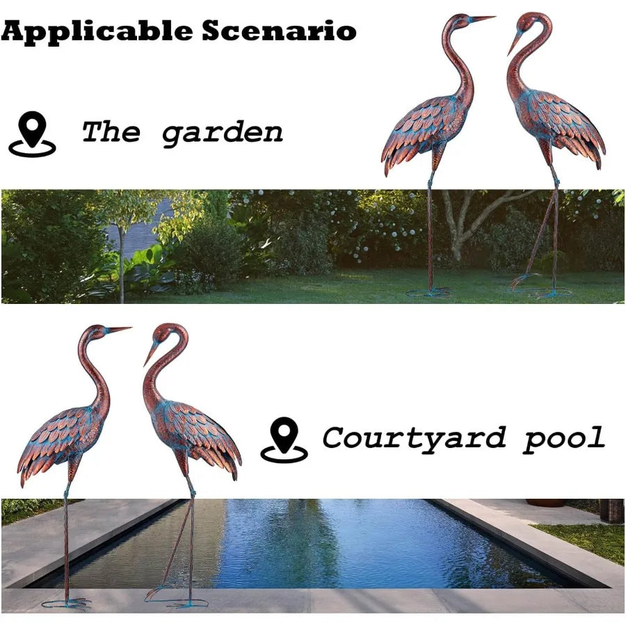 Garden Crane Statues Patina Heron Decoy Standing Metal Crane Sculptures Bird Yard Art for Outdoor Decor 47-48 Inch Set of 2