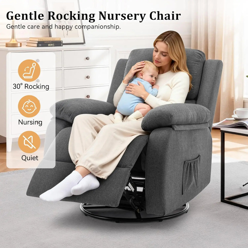 360 Swivel Rocker Recliner Chair Upholstered Fabric Glider Nursery Small Space Grey, Customized