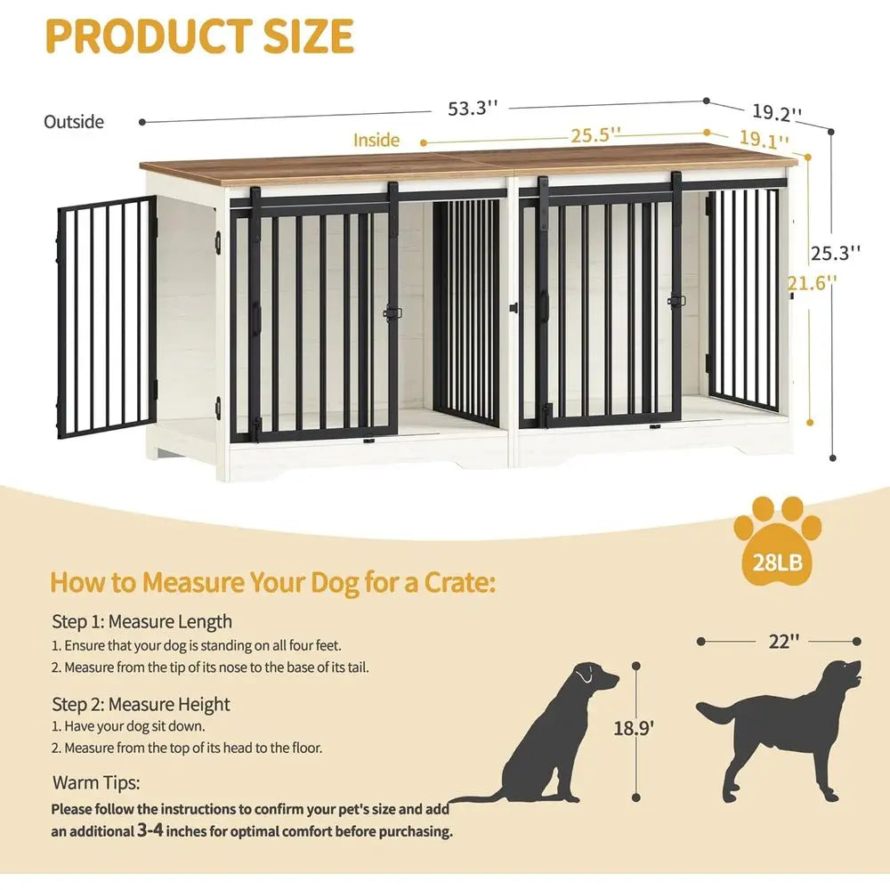 Heavy Duty Wooden Double Dog Cage with Divider, Large Pet Kennel, Barn Door, Suitable for Medium to Small Dogs, White/Brown