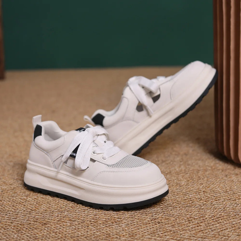 2026 New Women's White Sneakers Breathable Mesh Shoes Thick Sole Platform Casual Shoes Retro Street Style Walking Trainers