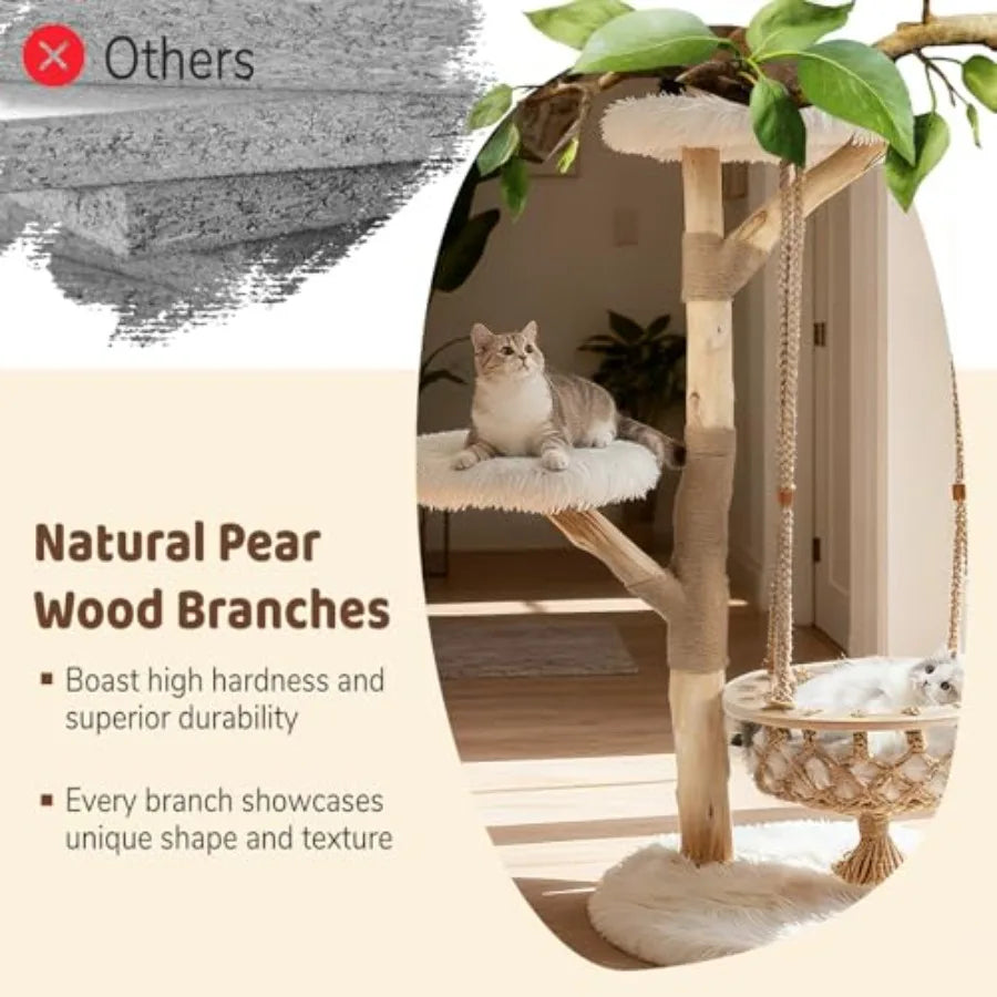 48.5 Inches Wood Cat Tree Multi-Level White Modern Cat Tree with Hanging Basket Solid Natural Peer Wood Post Wrapped with Jute