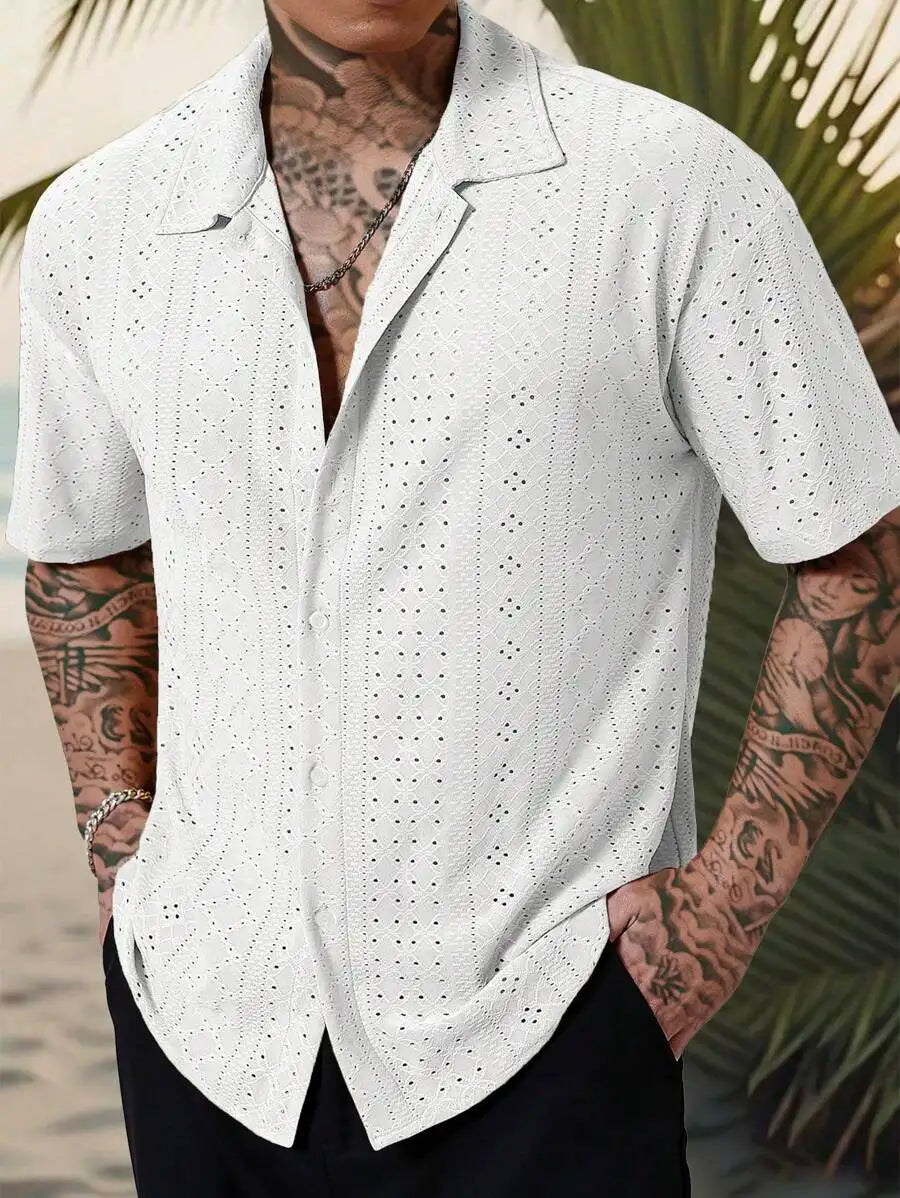 Men's Yellow Eyelet Lacework Short Sleeve Button-Down Casual Shirt