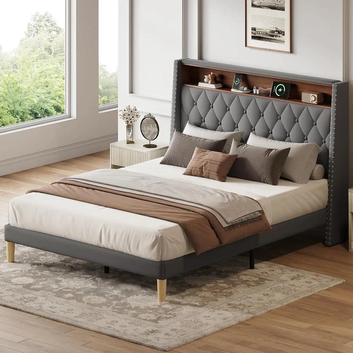 Upholstered Bed Frame with Tall Wingback Headboard, Velvet Square Tufted Platform Beds with Charging Station, Customized