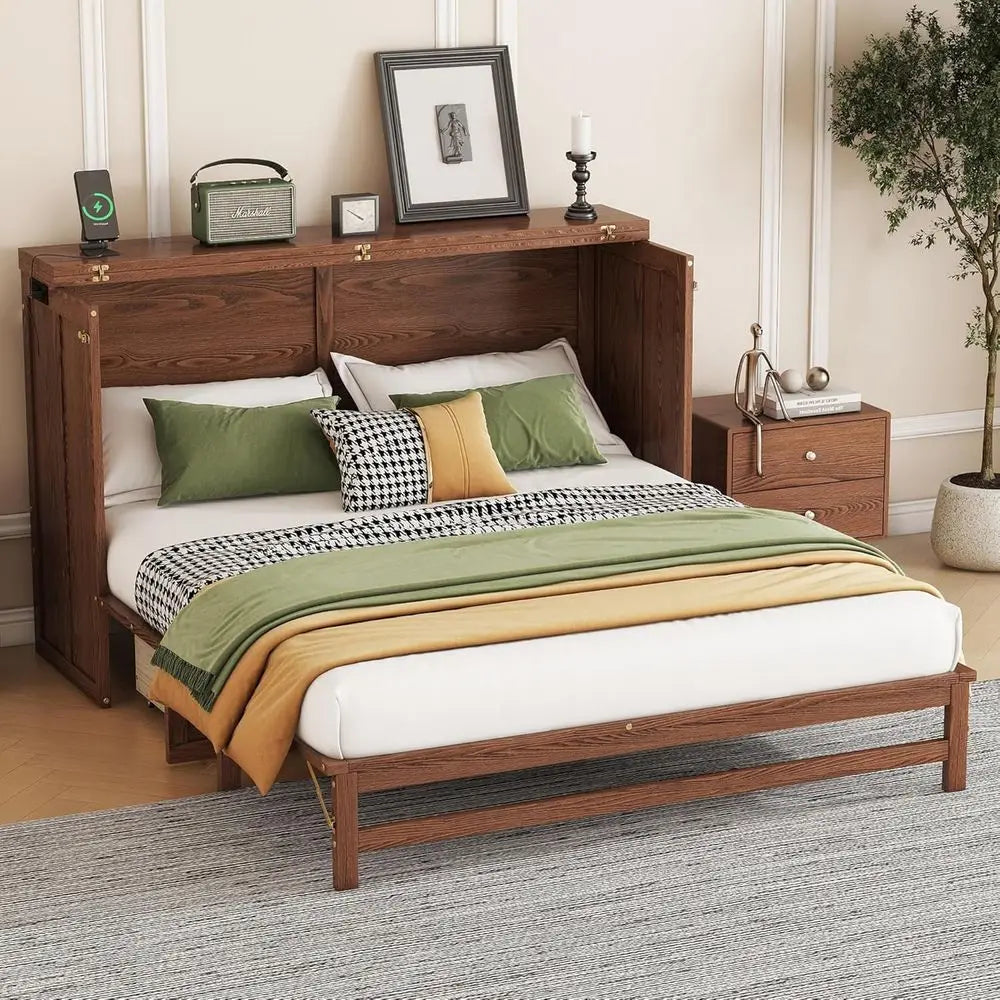 Murphy Bed Cabinet with Storage, Charging Station, USB Port, Solid Pine, Suitable for Home or Office, Studio or Guest Room, Waln