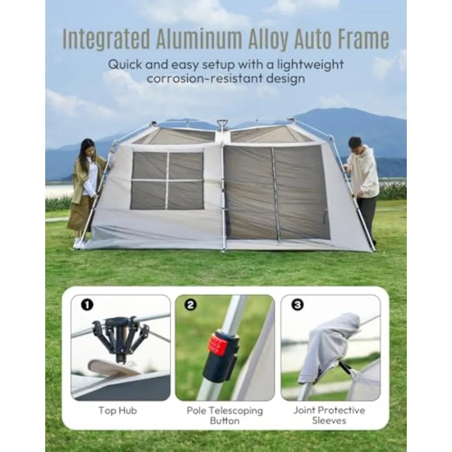 8 Person Instant Tent, Large Aluminum Alloy Cabin Tent, Double Layer Full Rainfly Waterproof 4 Season Shelter, Huge Interior wit