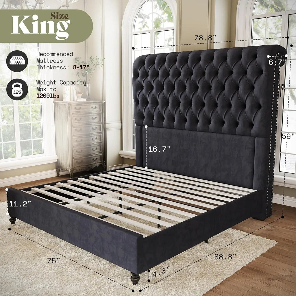 59" Tall Sleigh King Bed Frame Velvet Upholstered Deep-Tufted Solid Wood Legs No Box Spring, Customized