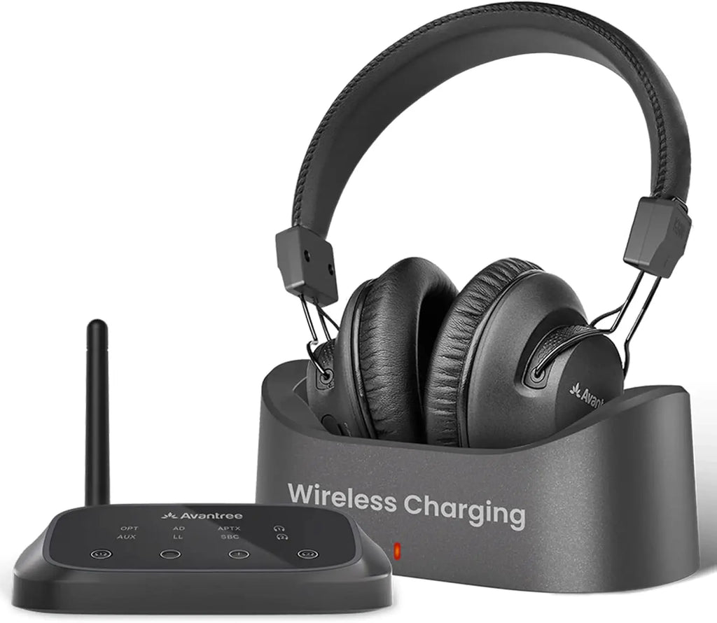 Wireless TV Headphones with Optical/AUX, Clear Voice, Volume Boost, Comfortable Fit, 60H Battery & Charging Dock
