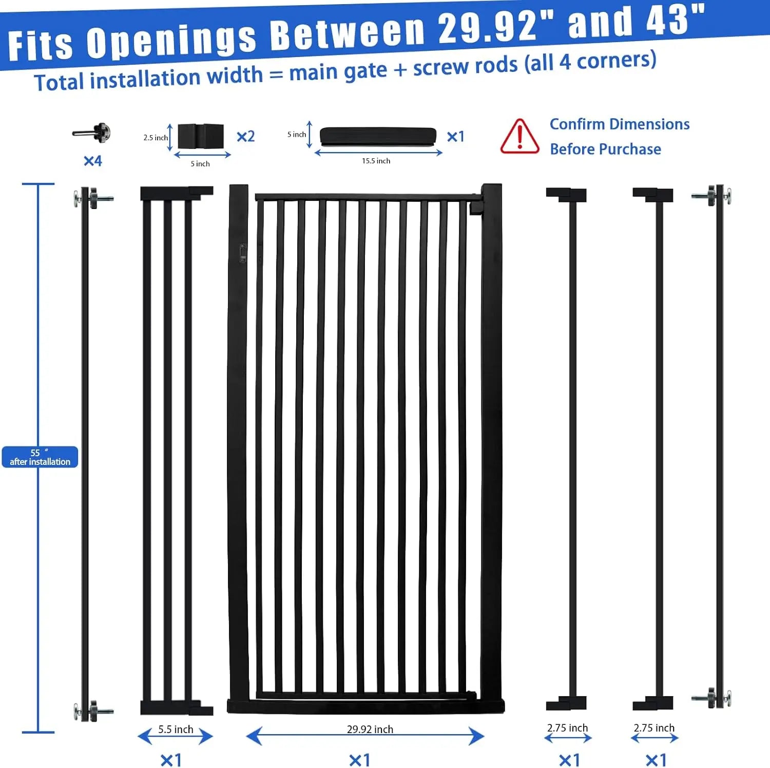 55" Adjustable Pet Gate for Cats and Dogs, Pressure Mounted Tall Gate for Doorways, Hallway, Stairs in Black