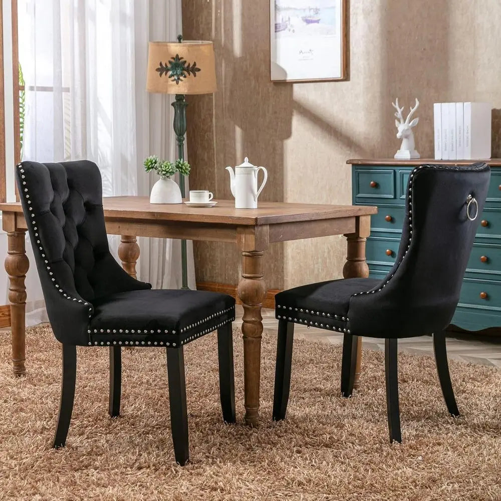 Luxury Velvet Upholstered Dining Chairs with Nailhead Trim and Ring Pull, Set of 2, Black