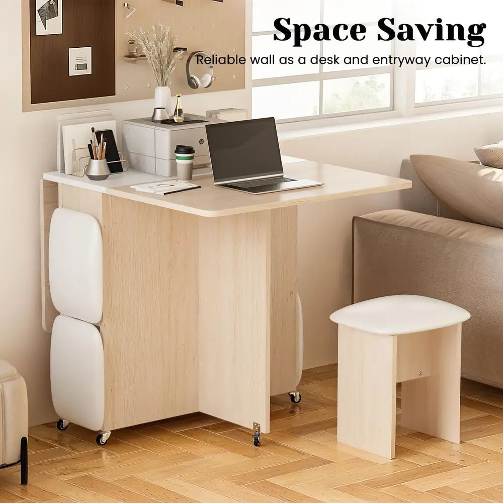 Foldable Dining Table Set for 4,Folding Dining Table with 4 Leather Chairs amp Storage,Drop Leaf Dinner Table with 6 Wheels,Fold