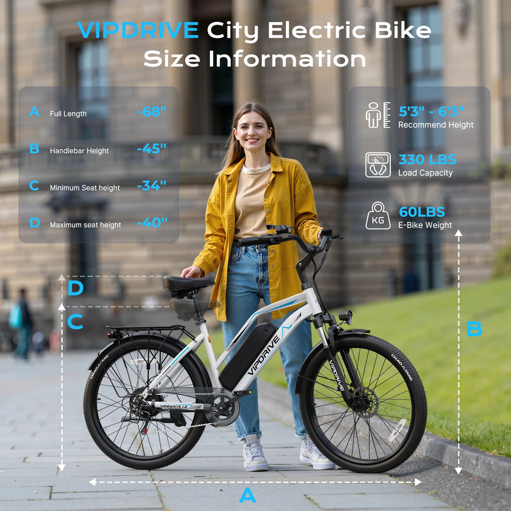 VIPDRIVE Urbanite 1.2 Adult Electric Bike, 750W Peak Power, 48V 7.8Ah Battery, 26-inch Tire, UL 2849 Certified, 1 Year Warranty