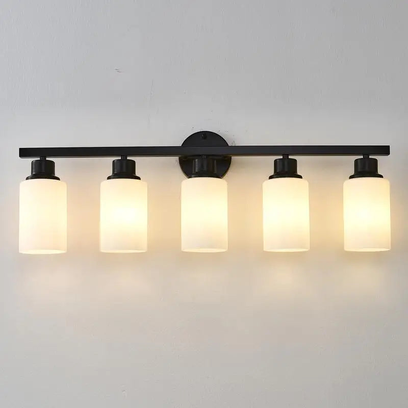 5-Light Matte Black Wall Sconces with White Glass Shades for Bedroom and Living Room Lighting