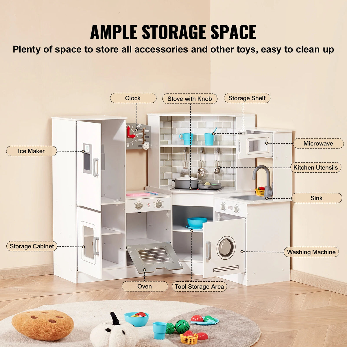 SucceBuy Corner Wooden Play KitchenToys Set Children Kitchenware toys with Lights & Sounds for Kids Preschoolers Girls Gifts