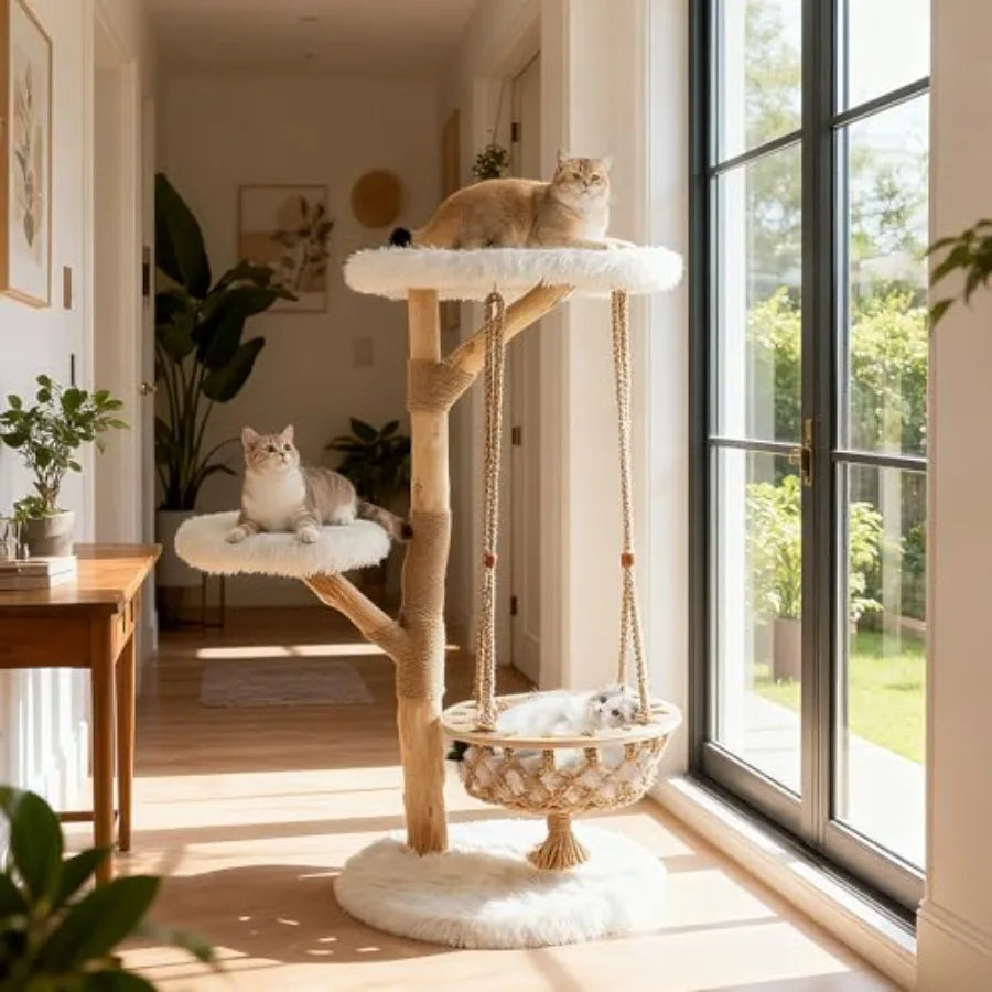 48.5 Inches Wood Cat Tree Multi-Level White Modern Cat Tree with Hanging Basket Solid Natural Peer Wood Post Wrapped with Jute