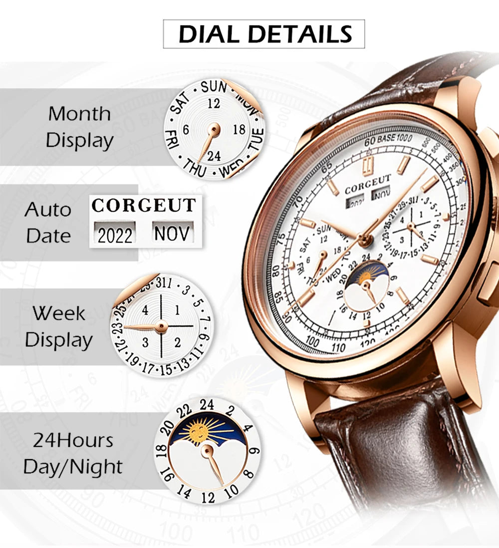 Corgeut 42mm Automatic Men's Watch Date Day Month Year Rose Gold Dial Multifunction 316L Leather Strap Polished Case Day Night
