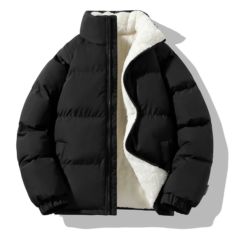 Men Winter Thick Warm Parka Coat Fleece Inside Male Solid Color Stand Collar Cotton Jacket  Men's Cotton Coat Size