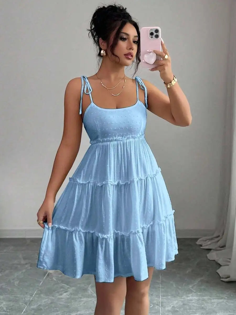 White Swiss Dot Tiered Ruffle Cami Dress for Summer Vacation