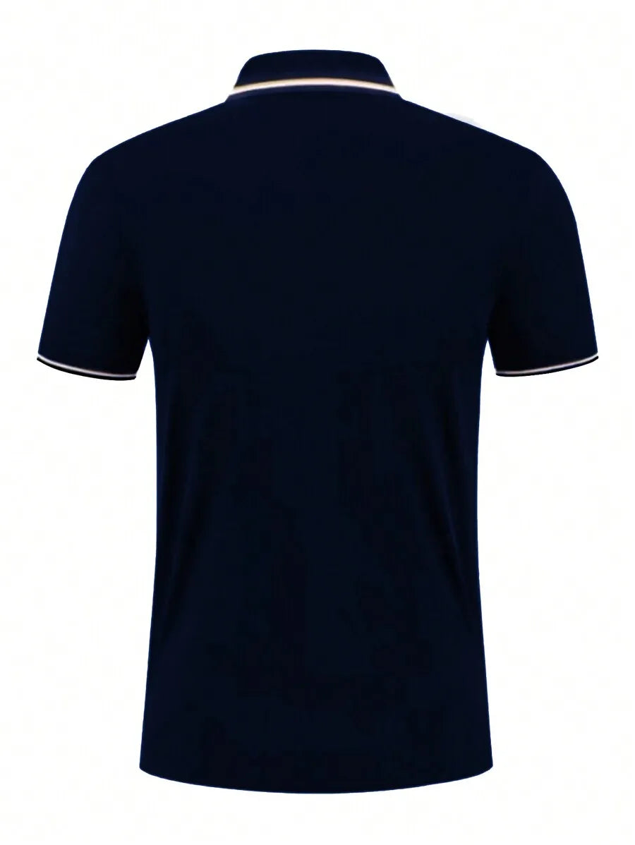 Men's Navy Blue Casual Short Sleeve Polo Shirt with Contrast Trim