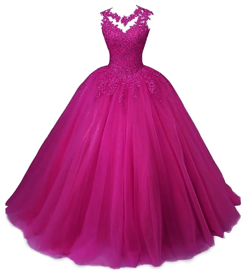 Women's Beaded Appliques Prom Dress Long Ball Gown Quinceanera Dresses Tulle Formal Sweet 16 Dress for Teens