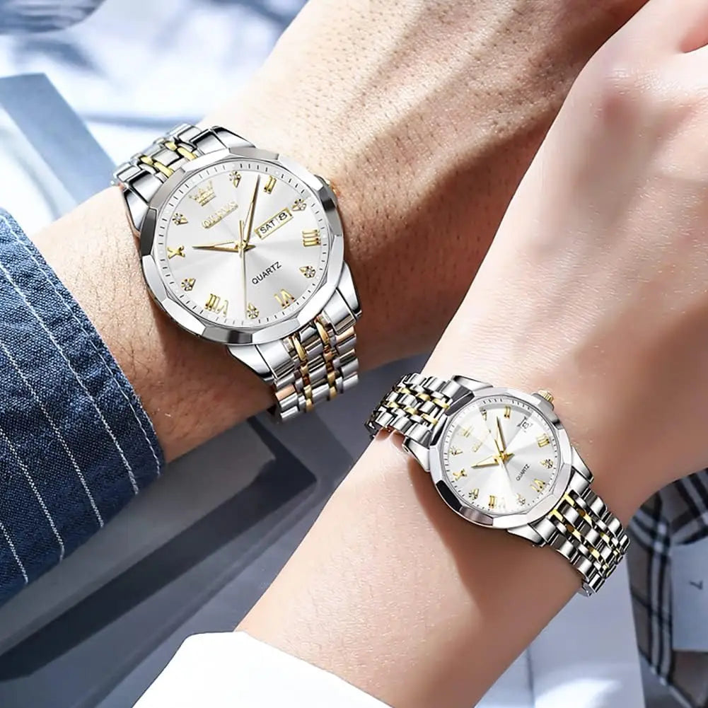 Valentine's Couple Watches Set, Luminous Calendar Date, 3ATM Waterproof Stainless Steel for Men and Women Romantic Gifts