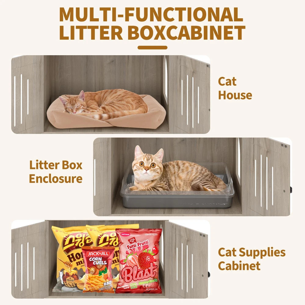 66.9" Cat Tree With Litter Box Enclosure Modern Cat Tower With Storage Cabinet Sisal Scratching Post Multi-Layer Activity Areas