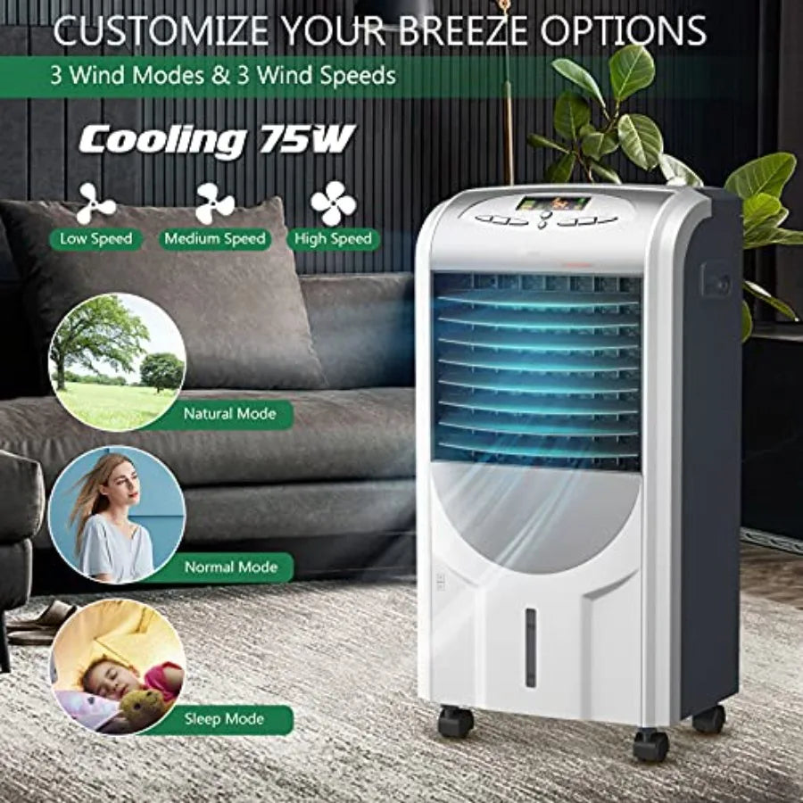 Portable Evaporative Air Cooler and Heater with Ice Crystal Box for Indoor Home Office Dorms Humidifier Fan with Remote Control