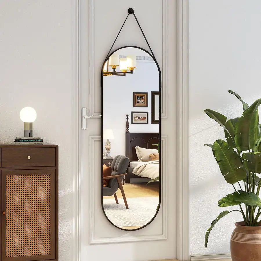 Full Length Mirror, Modern Oval Door Mirror Full Length with Hanging Leather Cord, Wall Mounted Mirror with Hanging Leather Stra