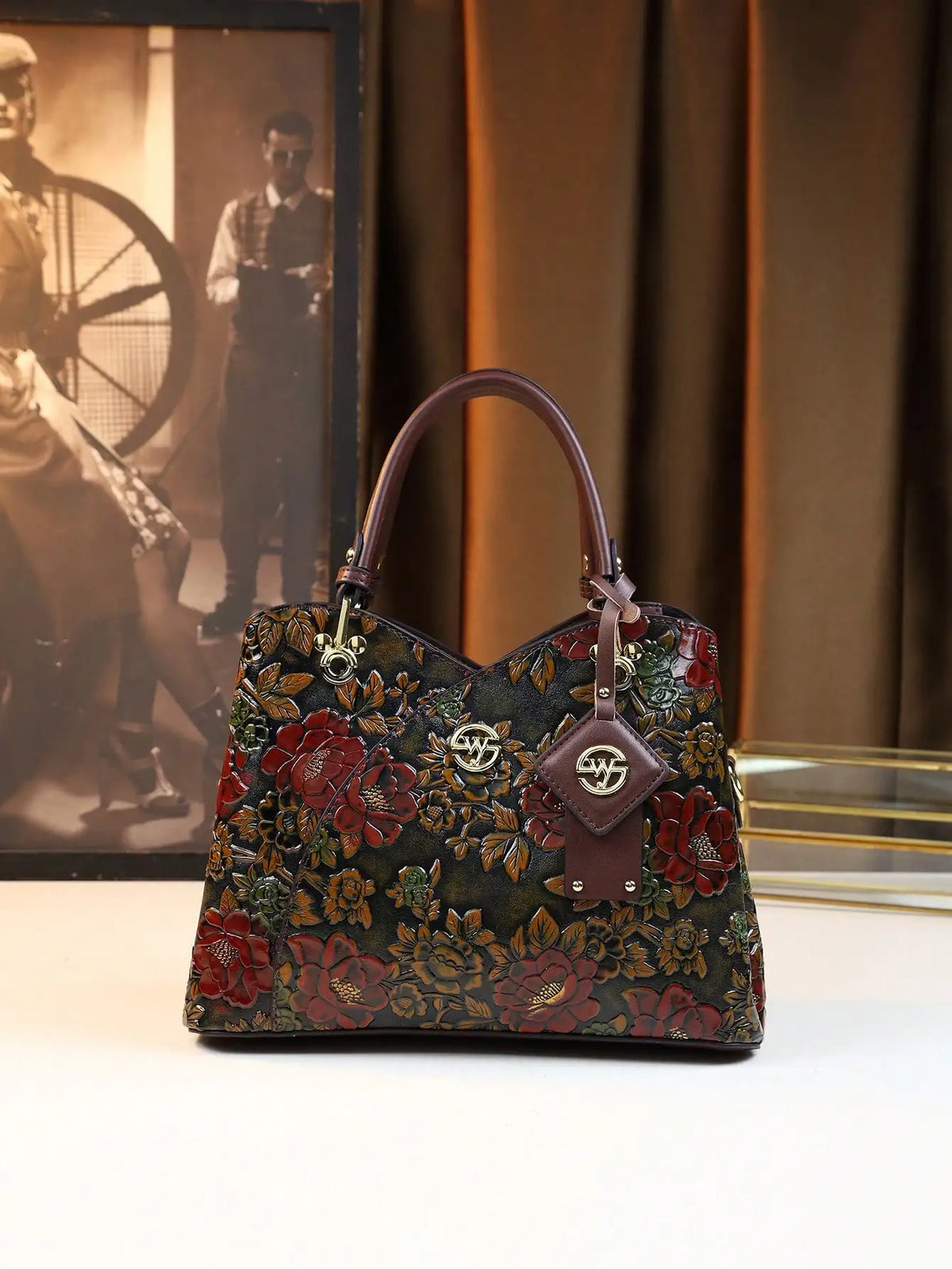 Vintage-Style Embossed Floral Leather Top-Handle Handbag for Women
