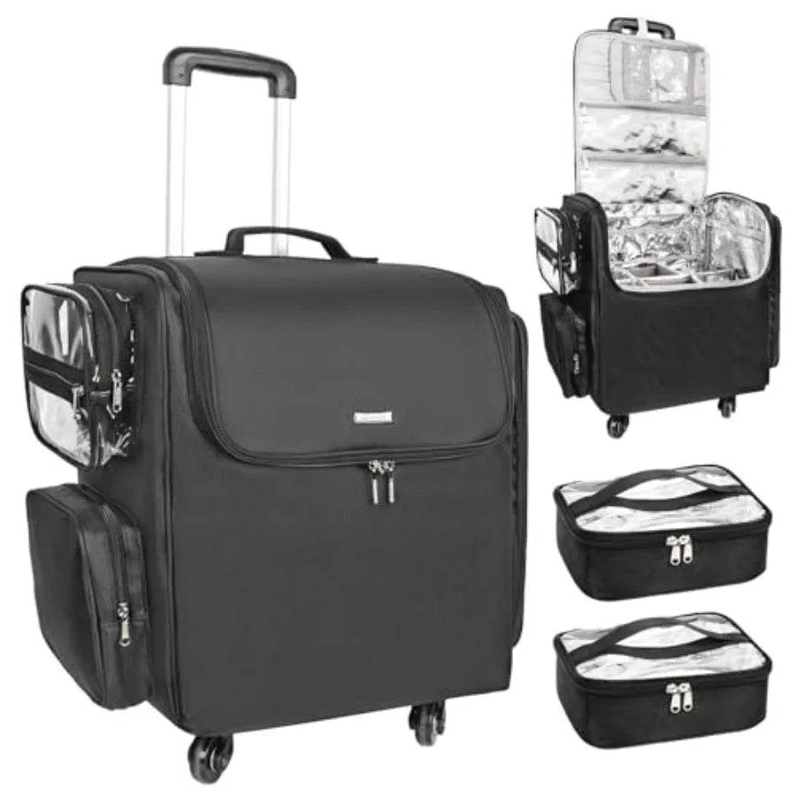 Rolling Makeup Train Case for Hairstylists with 4 Wheels Heat Insulation Full Layer Adjustable Dividers Hair Tools and Cosmetic