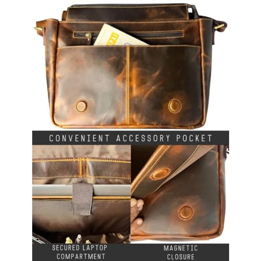 Leather Messenger Bag for Men 14" Leather Laptop Bag Vintage Crossbody Office Satchel Travel Shoulder Bag