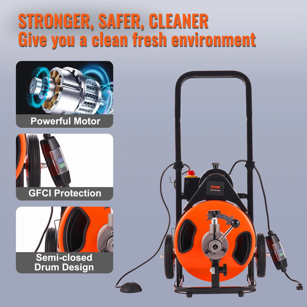 SucceBuy Drain Cleaning Machine 100FT x 3/4 Inch Sewer Snake Machine Auto Feed Drain Auger Cleaner w/ Air-Activated Foot Switch